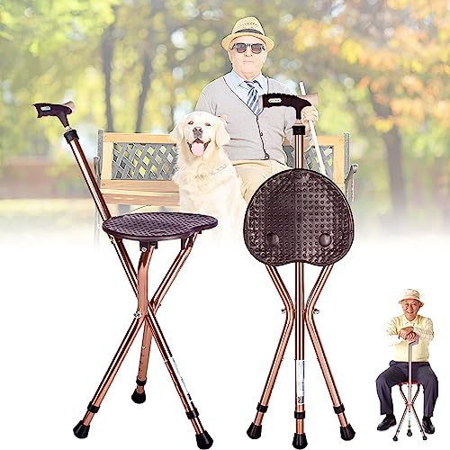 Bastone da passeggio con sedile, sedia pieghevole in canna, sedia a stampella in lega di alluminio per impieghi gravosi con regolazione in altezza e 3 gambe retrattili, canna antiscivolo