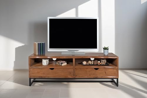 SAM Lowboard Sukhothai, Akazienholz massiv & nussbaumfarben, TV-Board mit 2 Schubfächer & 2 offenen Fächern, Grifflos, 160 x 40 x 50 cm