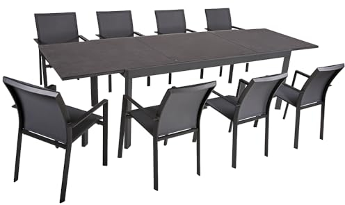 Lomadox Tischgruppe Garten 9-TLG. in athrazit mit Ausziehtisch und 8 Stapelstühlen