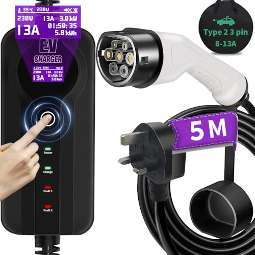 EV Charger 5M Type 2 UK 3 Pin Portable 8~13A Type 2 Charging Cable with Bag,Anti-burn automatic power off, IP65 Water Proof, Electric car charger Cable(IEC 62196-2 Type 2 Female)