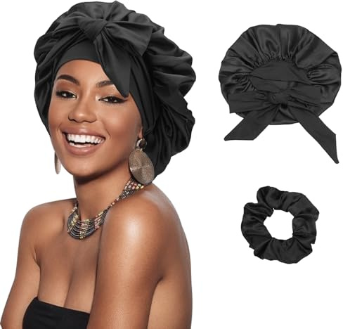 DRESHOW Satin Zopfhaube für Damen Seidenhaube zum Schlafen Schlafmütze mit Elastischem Band Nachtmütze für Lange Lockiges Haar Locs
