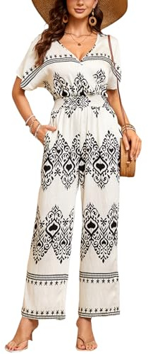 DUKAKII Women's Floral Jumpsuit Boho Jumpsuit Floating Short Sleeve V-Neck Elasticized Drawstring Jumpsuit with Pockets