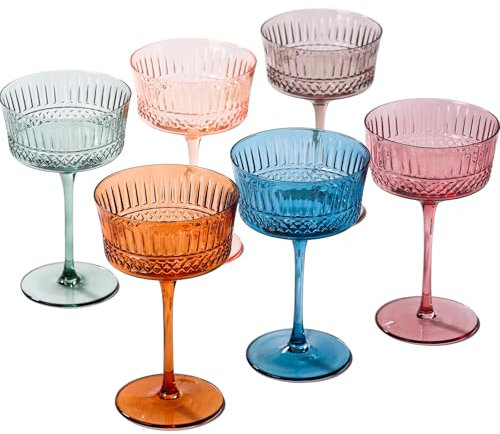 Colored Crystal Coupe Glass | Set of 6 | Large 9.3oz Stemmed Glassware Muted Vintage Glasses for Champagne, Cocktail, Margarita, Wine Glass, Gift Idea, Pastel Unique Speakeasy Style Goblet