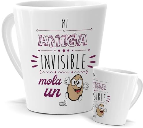 Taza Amiga | Taza Cónica 350 ML | Taza mi Amiga Invisible Mola un Huevo | Regalos Divertidos paras Amiga Invisible | Frase Original y Graciosa | Idea de Regalo | Taza de Café y Té