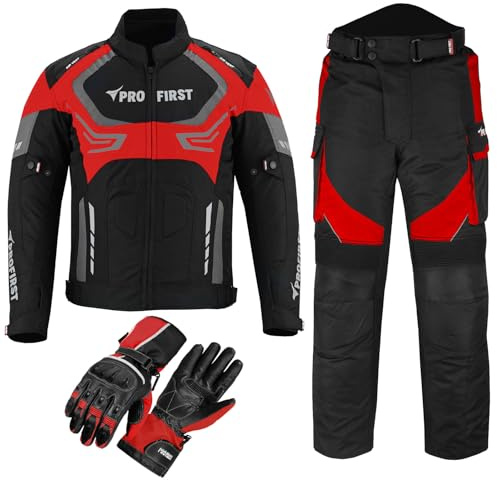 Motorcycle Motorbike suits for men 2 piece Motorcycle waterproof Cordura Fabric Suit Motorbike Jacket Trouser & Gloves Fully Protective Set for Bikers - All Weather (Red, 3XL)