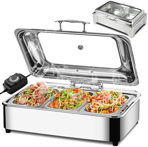 Aocay Chafing Dish Elettrico, Acciaio Inox Scaldavivande Elettrico per Buffet, Contenitore Vassoio di Riscaldamento con Coperchio Trasparente per Catering Buffet e Party (1/3)
