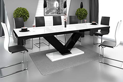 Design Esstisch HE-999 Weiß Hochglanz / Schwarz Hochglanz ausziehbar 160 cm bis 256 cm Esszimmertisch für bis zu 10 Personen Hochglanz Funktionstisch modern vielseitig Esszimmer erweiterbar zeitlos
