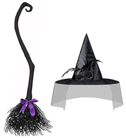 Ruarby Conjunto de cosplay de bruja de Halloween, sombreros de bruja, escobas de bruja, accesorios de fiesta de Halloween, escobas voladoras, sombreros de bruja puntiagudos