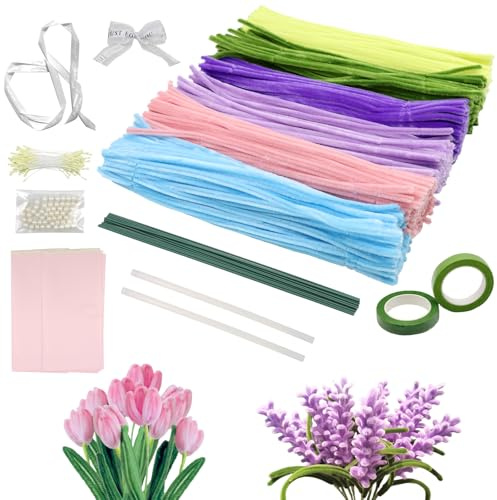 VEGCOO Pfeifenreiniger Blumen Set 600 Stück, Bastelset Kreativset DIY-Komplettset mit Draht & Zubehör für Handarbeit, Blumendeko Hochzeit Kindergeburtstag