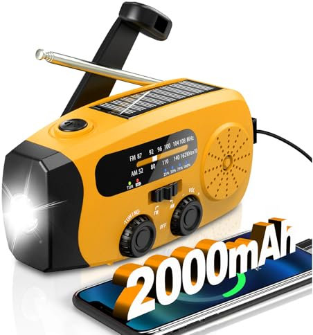 Wind Up Radio, Solar Emergency Radio, Portable Hand Crank Radio, AM/FM Radio with LED Torch, 2000mAh Rechargeable Power Bank, SOS Alarm, USB Phone Charger, Emergency for Camping Hiking (Light Orange)