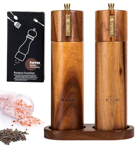 Acacia Wood Salt Pepper Mills Set - Refillable Kitchen Grinder Set with Adjustable Coarseness, Elegant Wooden Design, Natural Wood Construction