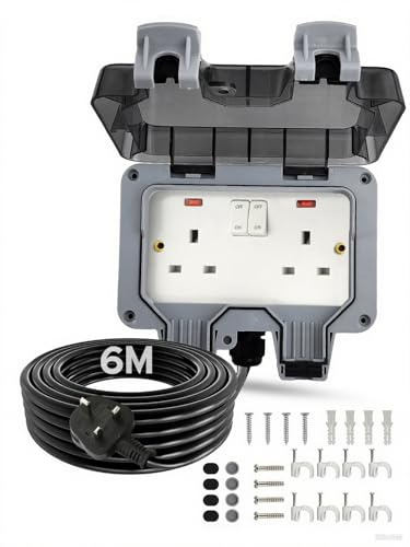 Outdoor Socket With 6m Extension Lead - IP66 Waterproof Double Socket With Switch Indicator Light - 13Amp Weatherproof Wall Electrical Outlet Box for Garden, Garage, Yard