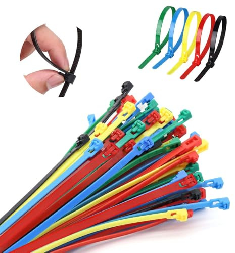 Reusable Cable Ties, 100 Pcs Coloured Cable Ties, 200mm/8 Inch Cable Ties Reusable, 5 Colors Plastic Ties for Cables, for Home Garden Workshop Office (Black, Red, Yellow Blue, Green)
