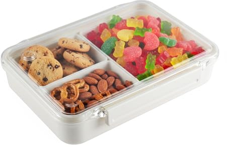 Punorric Snack Containers, 950 ml Snack Box with 3 Compartments with Lid, Reusable Meal Prep Containers for Kids & Adults, Stackable Sectioned Lunch Box, Plastic Food Storage for Snacks, Fruits, Nuts