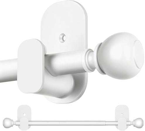 Curtain Rods No Drilling 32 to 58 Inches, USFOOK 5/8 Inch No Drill Curtain Rods for Windows with 3M Adhesive Brackets, Renter Friendly Drapery Pole with White Round Finials