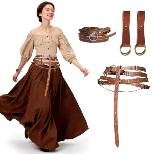 Set de Cinturón Cuero Medieval,Set de Cinturón de Caballero Renacentista,Cuero Medieval Ajustable Cinturón para Mujer,Adecuado para el renacimiento, carnaval, juego de roles pirata-Marrón (Marrón)