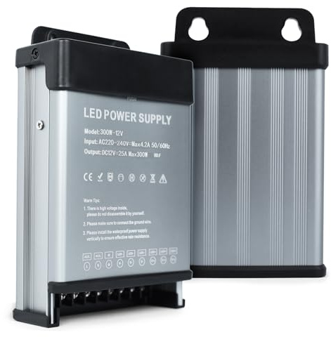 Transformador 220V a 12V Exterior, KSIBNW 300W LED Driver Impermeable IP44 | Conmutada Fuente Alimentación 220V DC a AC 12V 25A 300W Bajo Voltaje Power Supply de Voltaje Constante para Tira LED