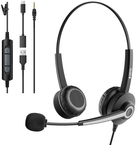 Voistek USB Headset with Microphone for Laptop,PC Headphones with 3.5mm Plug,Detachable USB-A Cable & Type-C Adapter,Noise Cancelling Mic,In-Line Volume Control,Mute Button for Teams Zoom,Home Office