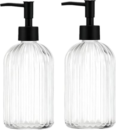 Distributeur de Savon et Bouteilles de Lotion pour Les Mains TRIXES en Verre côtelé 400ml, Lot de 2, Pompe Finition Noire Mate, avec Entonnoir en Silicone pour Cuisine et Salle de Bain