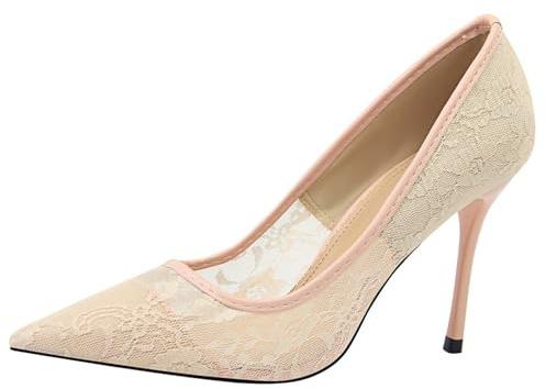 Spetsinspirerade stiletto pumps för kvinnor, fin spets, eleganta skor för fester och evenemang, Färg: rosa, 39 EU