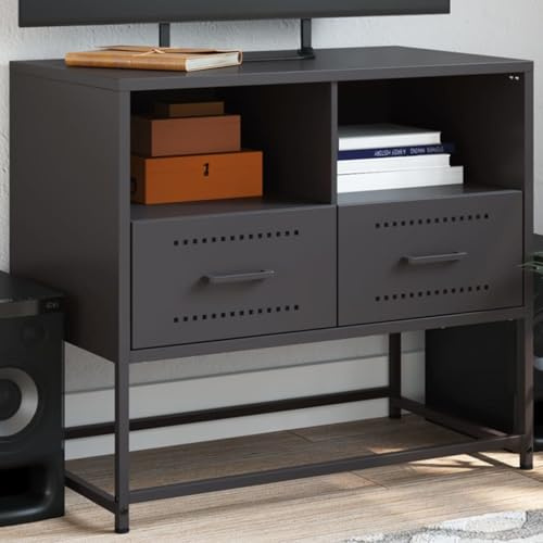 VIHHQGC Industrial Style TV Cabinet with Matte Black Finish and Steel Frame, 4 Compartments for Media Storage, Durable Lowboard for Living Room or Office