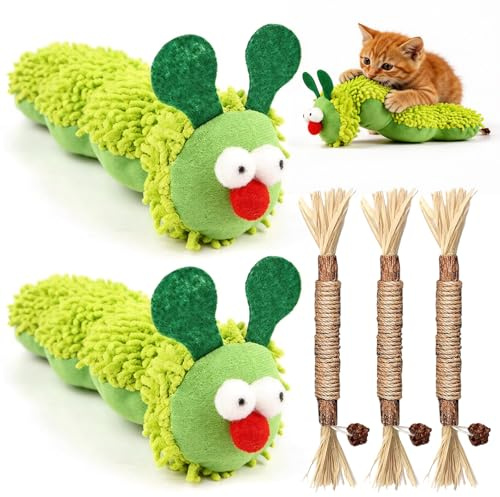 WideSmart 5 Pcs Jouet interactif à l'herbe à Chat, 2 Pcs Coussin en Peluche Doux,3 Pièces Bâtonnets Herbe à Chat, Jouet interactif pour Chat,Toy pour pour Griffer, Jouer, Mâcher, Soins Dentaires