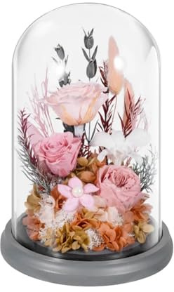 LEIYTFE Regali di Nozze con Rose Vere Stabilizzate in Campana di Vetro, Composizioni Floreali per La Decorazione di Interni, Fiori Eterni per La Moglie, La Fidanzata, La Mamma(Roze)