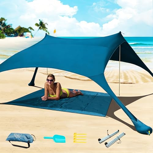 Cuupo Tenda da spiaggia pop-up, 2 x 2,1 m, SPF 50, Lycra, protezione solare per esterni, anti-vento, protezione solare con barre di stabilità, cortile con coperta da spiaggia blu petrolio