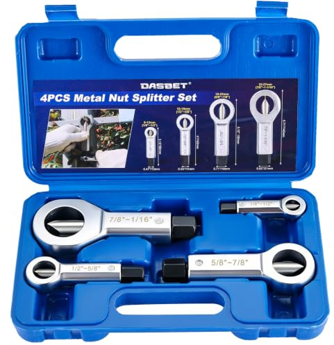 DASBET 4PCS Metal Nut Splitter Tool Set, Heavy Duty Nut Breaker & Cracker | Manual Nut Splitter for Removing Broken, Rusted, Damaged or Stuck Nuts, Nut Removal, 9–27mm (Blue)