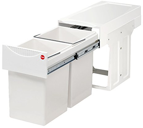 Hailo Abfallsammler Tandem 3666001 | für Schränke ab 300 mm Breite | Einbau Mülleimer 2 x 15L | Vollauszug mit Teleskopschienen | Weiß