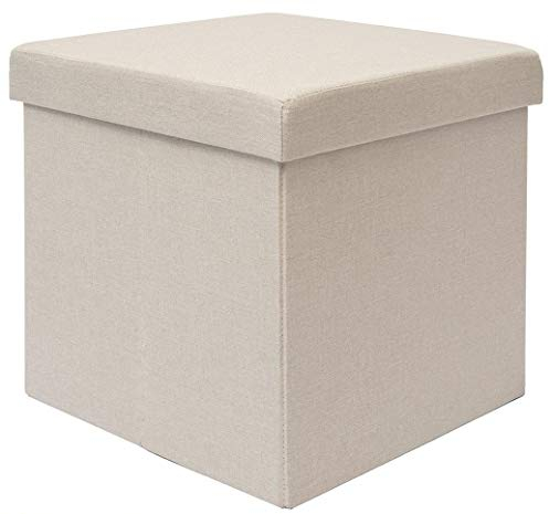 DuneDesign Faltbarer Sitzhocker 38cm Fußhocker Polsterhocker mit ca 42L Stauraum Sitzwürfel Sitzkasten Ottomane Leinen Beige-Grau