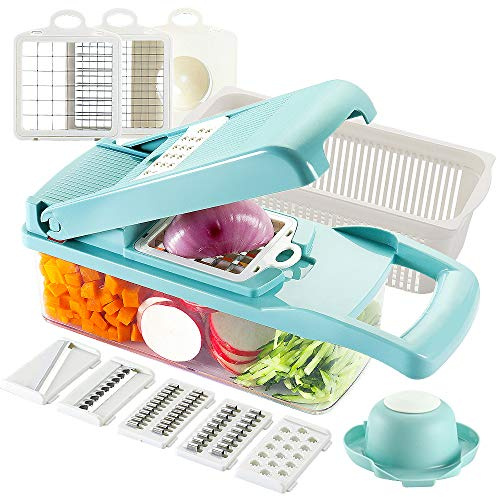 Ourokhome Hachoir à légumes - 12 en 1 - Mandoline - Avec 7 lames en acier inoxydable - Réglable - Avec récipient de rangement