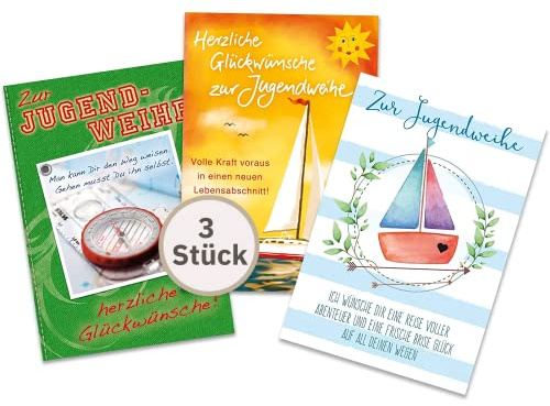 Perleberg 3 Karten zur Jugendweihe - Jugendweihe Karten Set - Jugendweihe Geldgeschenke für Jungen & Mädchen - Jugendweihekarten Mädchen & Jungs - Postkarten mit Umschlag in 11,6 x 16,6 cm