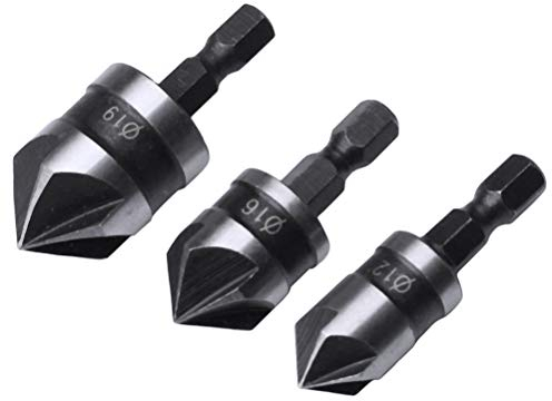 Leful 3 pcs 1/4 Inch Hex Shank, Countersink Drill Bit Hex Shank 5 Flute 90 Degree Chamfering Counter Sinker Wood Drill Bits Set(12mm 16mm 19mm)