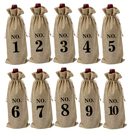 PRETYZOOM Wine Bottle Bag Set 10 Pack Numbered Hessian Bags 1 to 10 Linen Drawstring Covers for Wine Tasting Wedding Christmas and Party Bottle Presentation 13.78 X 5.71 in