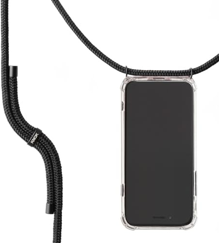 KNOK Handykette Kompatibel mit Apple iPhone 11 Pro - Silikon Hülle mit Band - Handyhülle für Smartphone zum Umhängen - Transparent Case mit Schnur - Schutzhülle mit Kordel in All Black
