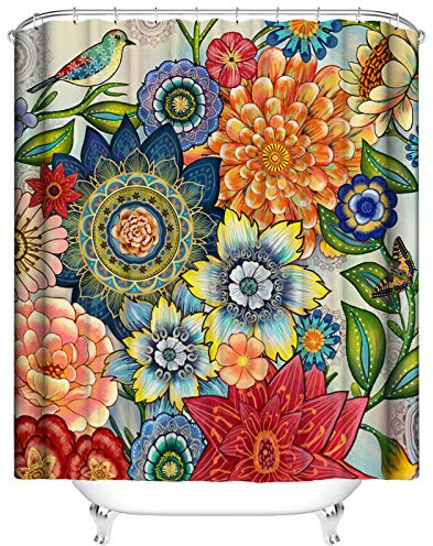 Geebuzz Duschvorhang mit Blumenmuster, wasserdicht, mit 12 Haken, für Badezimmer, Blumen, 183 x 183 cm, Rot