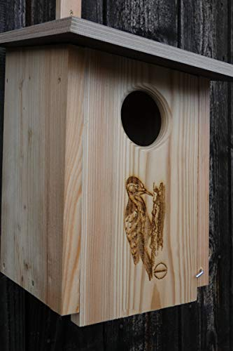 Premium Natur Lärchenholz Nistkasten unbehandelt nach Nabu Specht Kasten Buntspecht 60mm Einflugloch, massives Vogelhaus Nisthilfe wetterfest 18mm stark verschraubt, mit Befestigungsmaterial