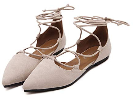 ERLINGO Casual Ballet Flat Womens Cross Strap Ballet Flat Shoes Pointed Toe Elegant Wedding Lace Up Ballerinas Shoes for Girls Apricot