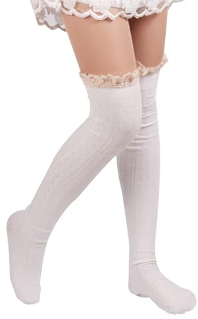Apone Fatu Womens Thigh High Socks Lace Boot Sock Knee High Socks Warmer Lace Trim Long Stocking for Cosplay (US, Alpha, Medium, X-Large, Regular, Regular, White)