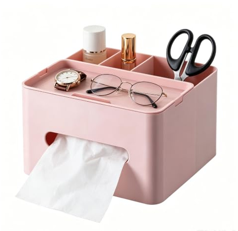 HornTide 5-in-1 Tissue Box 7.8inch Multifunction Countertop Organizer 3X Compartments 1x Tray Boutique Stationery Storage Caddy HIPS Plastic (Pink)