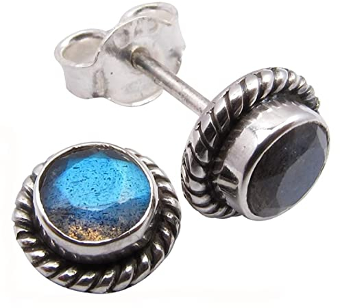 Labradorit Ohrstecker Silber 925 by Unique Gems Ø 8mm 925 Sterling Silber Damen Ohrringe (Labradorit #2)