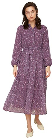 Trendyol Blumenmuster-Gürtel ausführlich gesäumtes Chiffon-Weberei Kleid Vestidos, Lila, 42 De Las Mujeres
