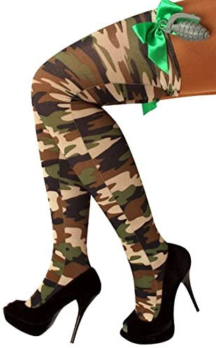 krautwear® Damen Kniestrümpfe 1 Paar Im Militär Army Tarnlook Mit Schleife und Handgranate Für Karneval Cosplay