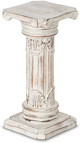 livasia Säule mit Schnitzerei, balinesische Dekosäule, Blumenpodest aus Albiziaholz, handgefertigt und nachhaltig, 22x40 cm (Whitewash)