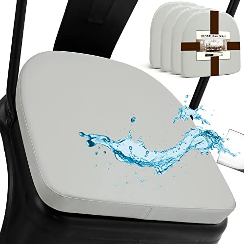 BUYUE Metall-Stuhlkissen mit Magnet-Satz von 4, Luxus PU-Leder wasserdicht Anti-Rutsch-Sitzpolster für Küche Cafe Essen Bistro stapelbar Stühle (U-Form, hellgrau, 4)