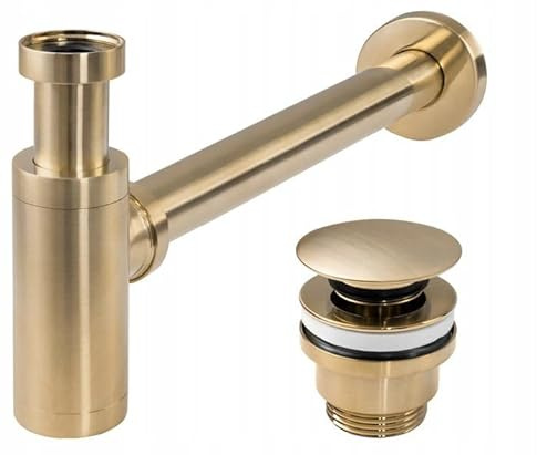 Rea Siphon + Click Clack Waschbeckenstöpsel Universal Gold MAT für Waschbecken & Waschtisch aus Messing (Gebürstetes Gold)