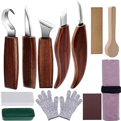 Qivine 12PCS Kit Intaglio Legno, Strumenti per Intaglio del Legno con Pietre Abrasive e Guanti Resistenti al Taglio, Kit Intaglio Legno Professionale, Portatile, per Adulti, Bambini, Principianti