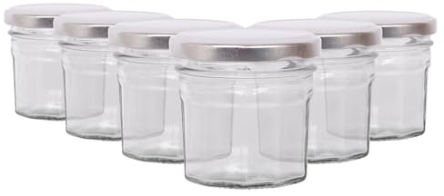 Argon Tableware Glass Jam Jars with Airtight Silver Lids - 90ml - Pack of 6 - Empty Screw Top Kitchen Storage Jar for Food, Honey, Spice, Pickling, Preserving, Candle Making