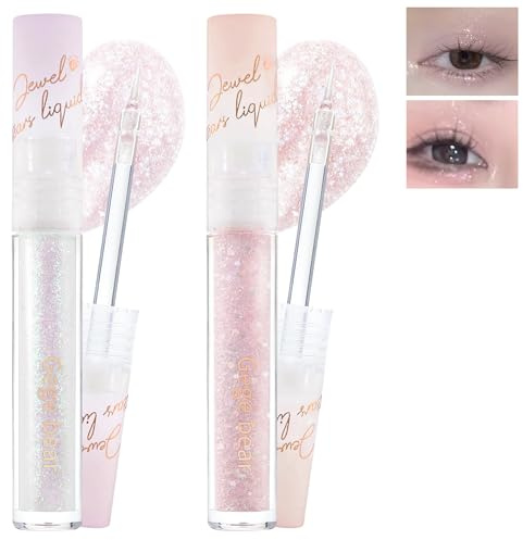 2 Pcs Flüssiges Glitzer Lidschatten, Diamond Glitter Lidschatten & Eyeliner 2-in-1 zum Aufhellen der Augen, Schimmer Highlight Metallic Liquid Eyeshadow, Glitzer Augen-Make-up für Weihnachten-03+04